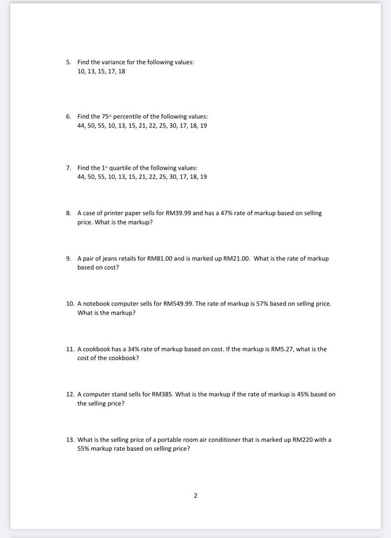 Solved 5. Find the variance for the following values: 10, | Chegg.com