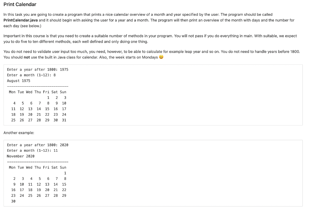 Solved Print Calendar In this task you are going to create a | Chegg.com