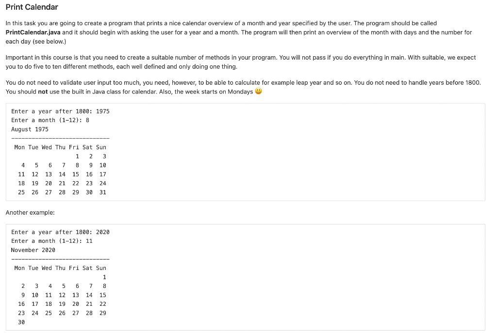 Solved Print Calendar In this task you are going to create a Chegg com