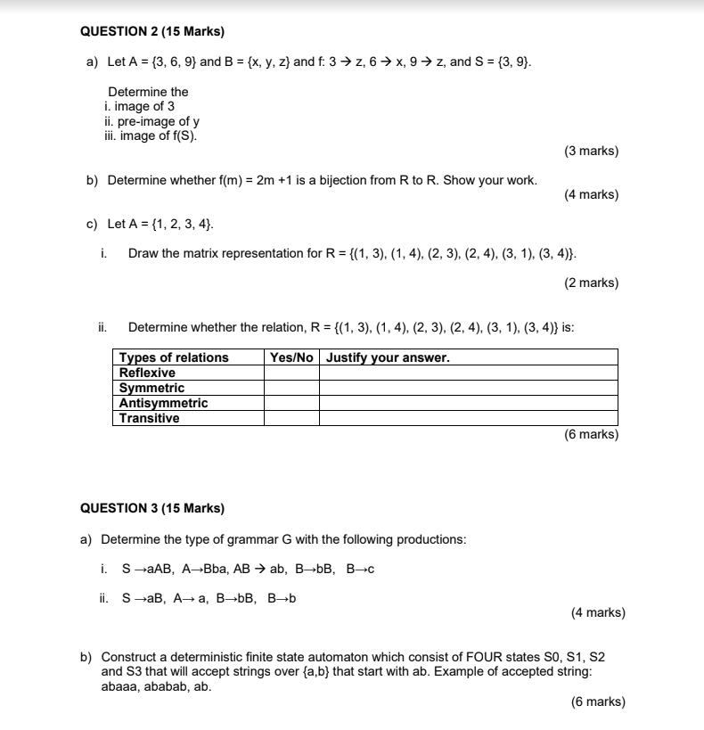 Solved QUESTION 2 (15 Marks) a) Let A = {3, 6, 9) and B = | Chegg.com