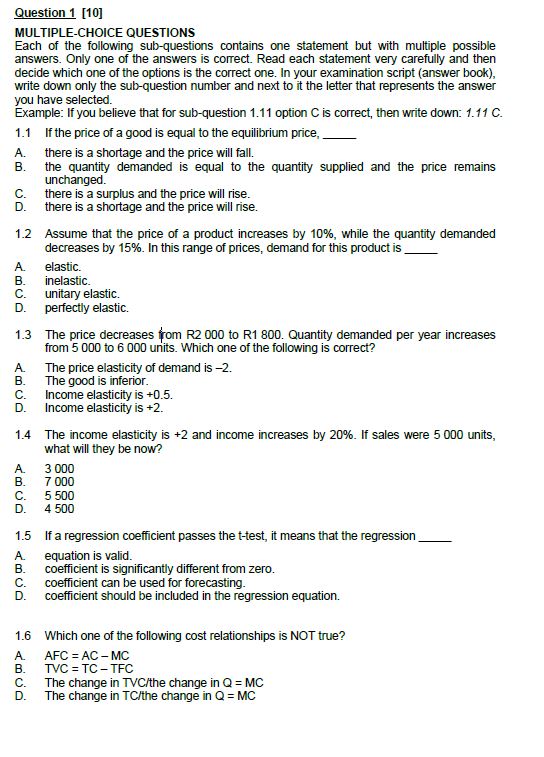 Solved Question 1 [10] MULTIPLE-CHOICE QUESTIONS Each of the | Chegg.com