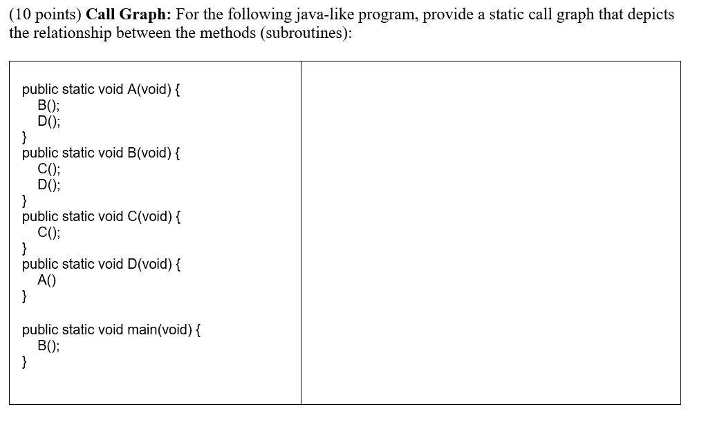Solved (10 points) Call Graph: For the following java-like | Chegg.com