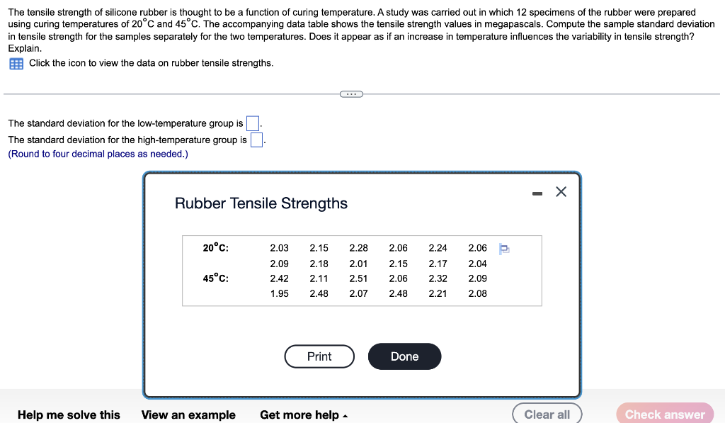 The tensile strength of silicone rubber is thought to be a function of curing temperature. A study was carried out in which 1