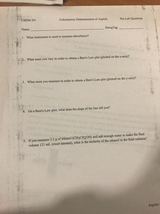 Solved EM 201 Colorimetric Determination of Aspirin Pre-Lab | Chegg.com