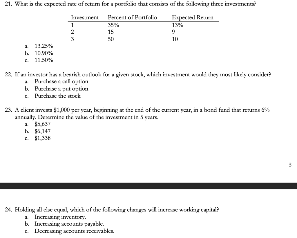 Solved 21. What is the expected rate of return for a | Chegg.com