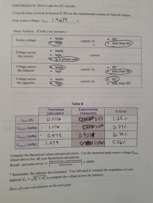 Solved Data Section B: Ohm's Law For AC Circuits Using The | Chegg.com