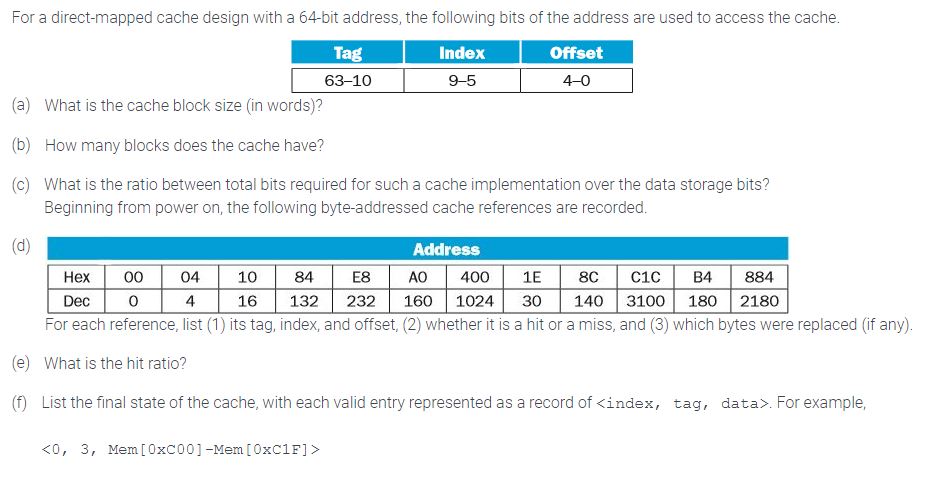 Solved For a direct-mapped cache design with a 64 -bit | Chegg.com