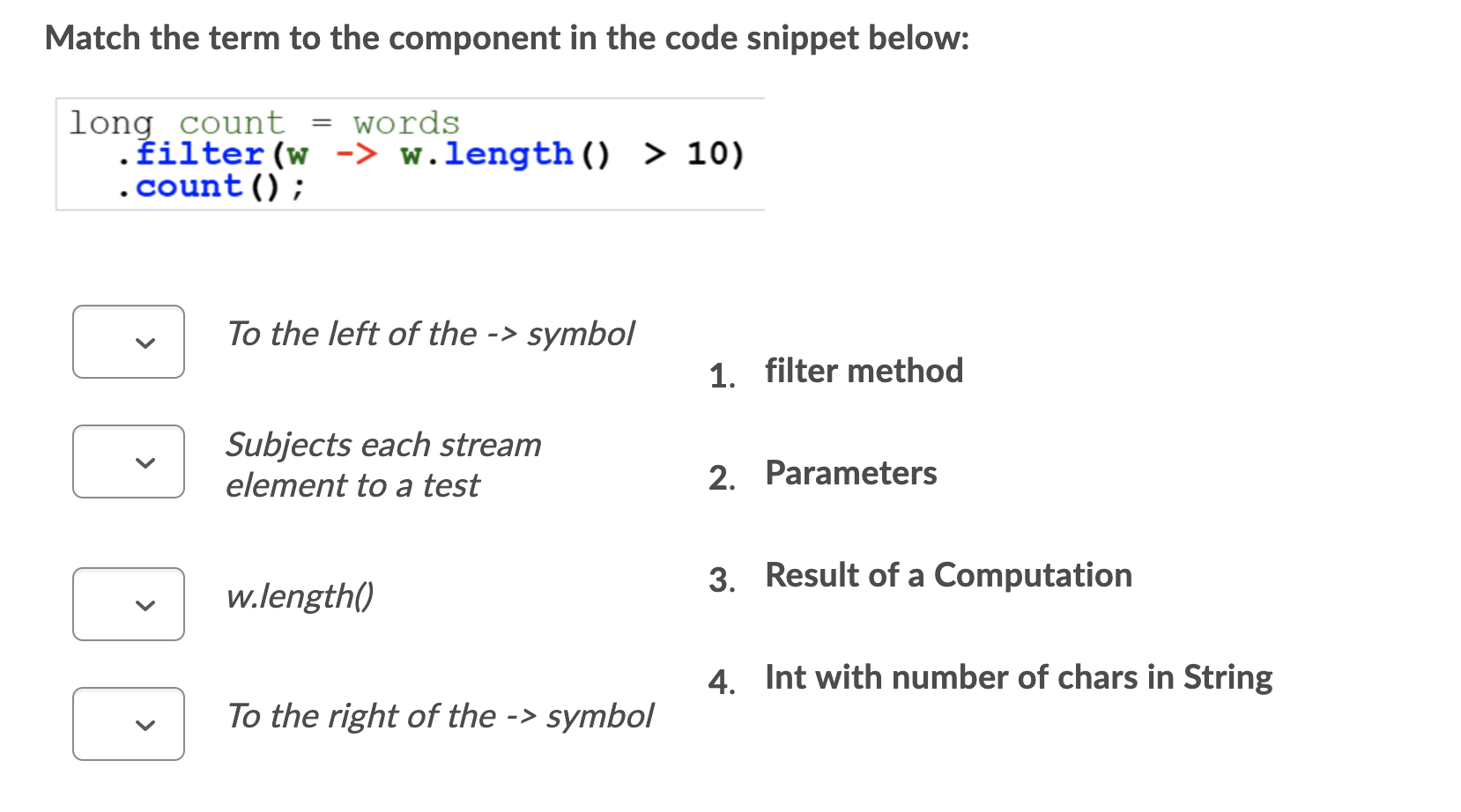 Solved Match the term to the component in the code snippet | Chegg.com