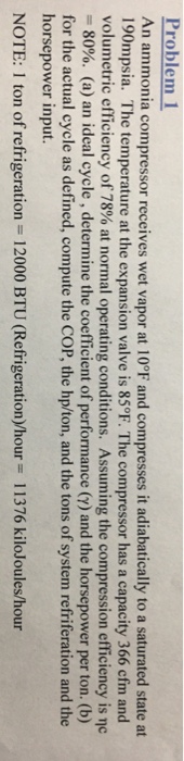 Solved Problem 1 An ammonia compressor receives wet vapor at | Chegg.com