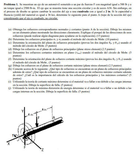 Problema 1. Se muestran un eje de un automŏvil sometido a un par de fuerzas \( \mathrm{F} \) con magnitud igual a 500 lb y a