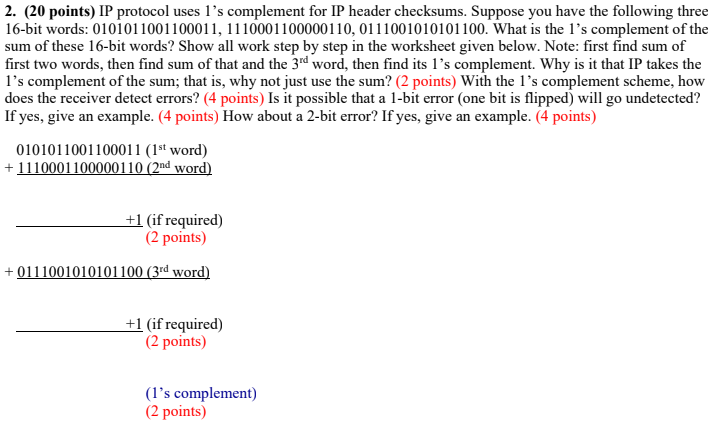 2. (20 points) IP protocol uses 1's complement for IP | Chegg.com