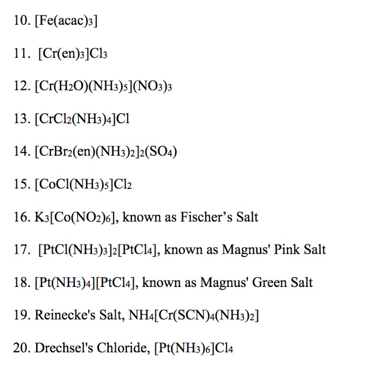 Solved 10. [Fe(acac)s] 11. [Cr(en)3]Cl3 12. | Chegg.com