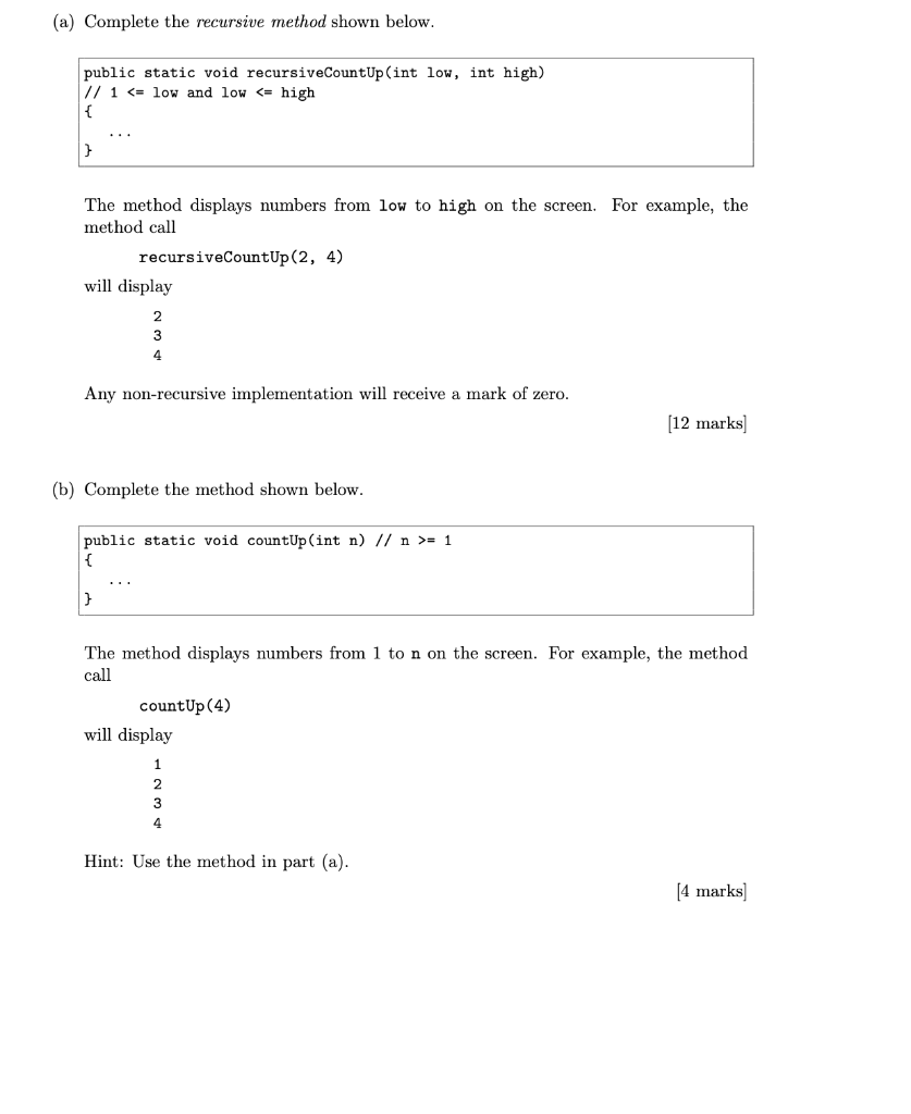 Solved (a) Complete The Recursive Method Shown Below. Public | Chegg.com