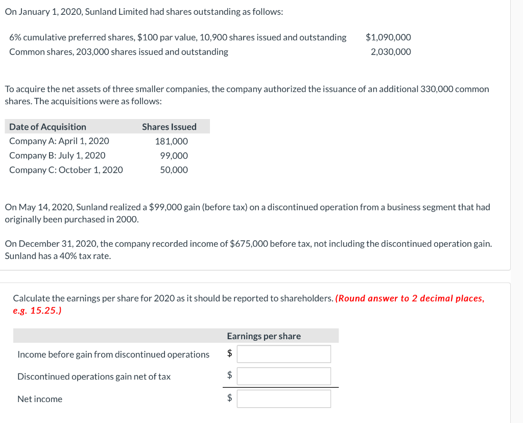 Solved On January 1, 2020, Sunland Limited had shares