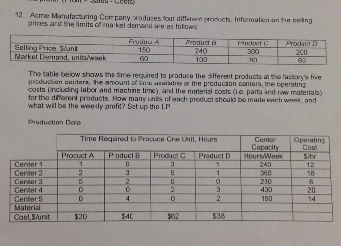 Solved PoSales- Costs) 12. Acme Manufacturing Company | Chegg.com