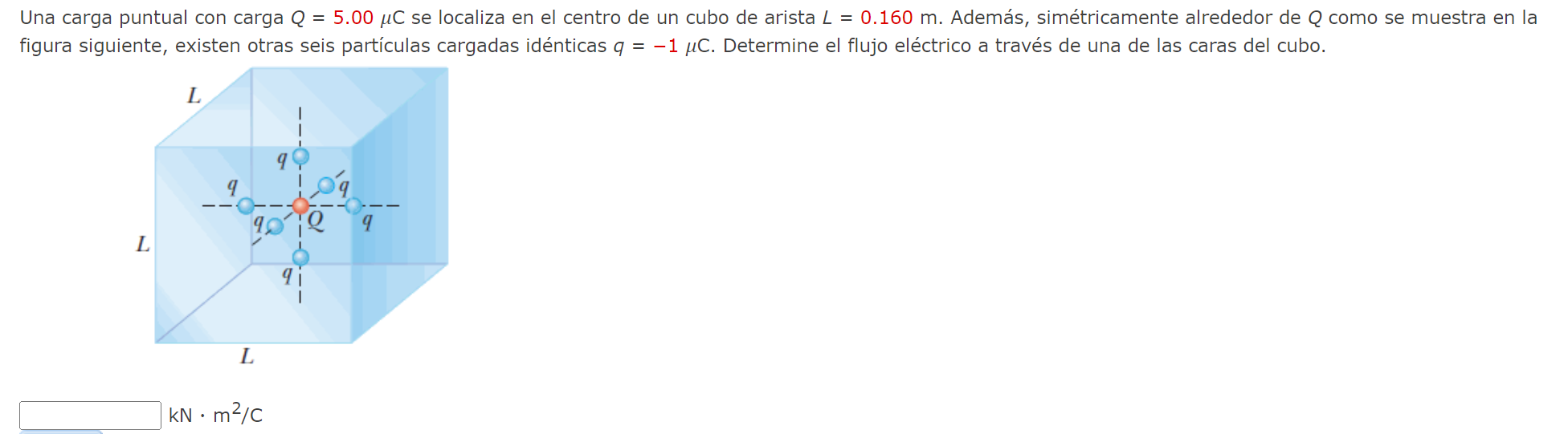 Una carga puntual con carga \( Q=5.00 \mu \mathrm{C} \) se localiza en el centro de un cubo de arista \( L=0.160 \mathrm{~m}