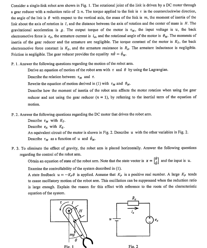 Solved Consider a single-link robot arm shown in Fig. 1. The | Chegg.com