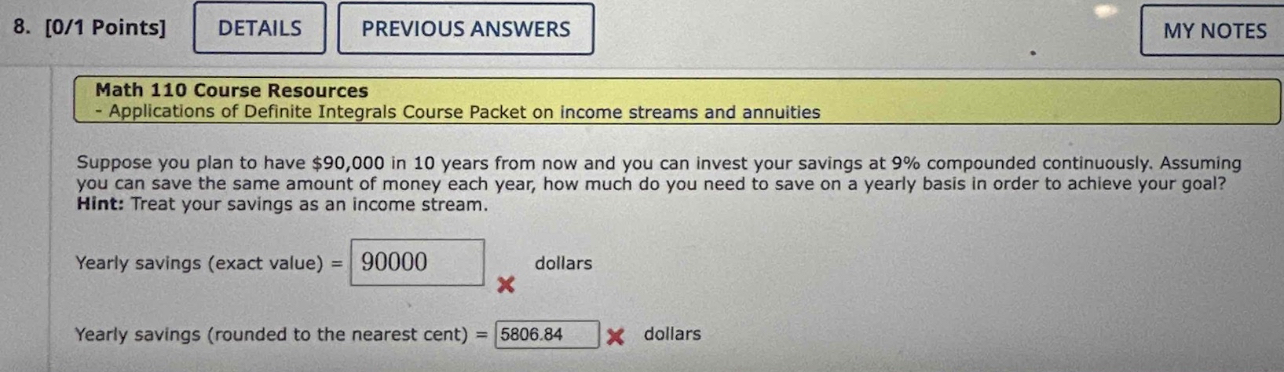 Solved Math 110 Course Resources - Applications of Definite | Chegg.com