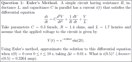 Solved Question 1: Euler's Method. A simple circuit having | Chegg.com