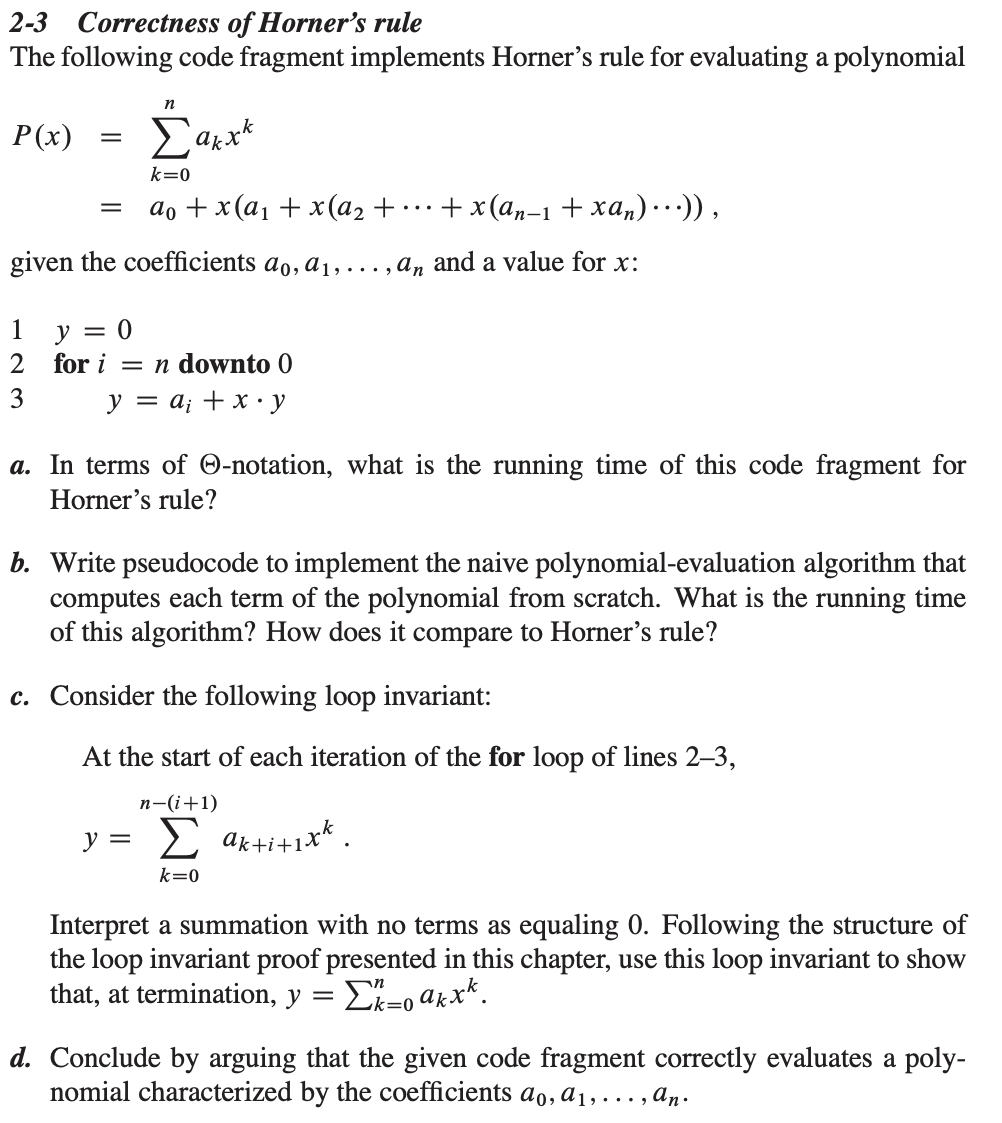 Solved 2-3 Correctness of Horner's rule The following code | Chegg.com