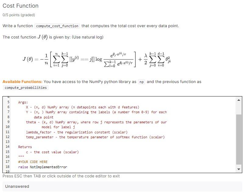 Solved Cost Function 0/5 points (graded) Write a function | Chegg.com