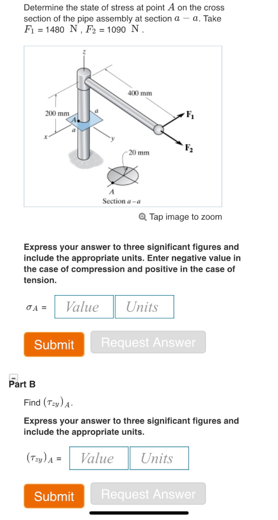 Determine the state of stress at point A on the cross | Chegg.com
