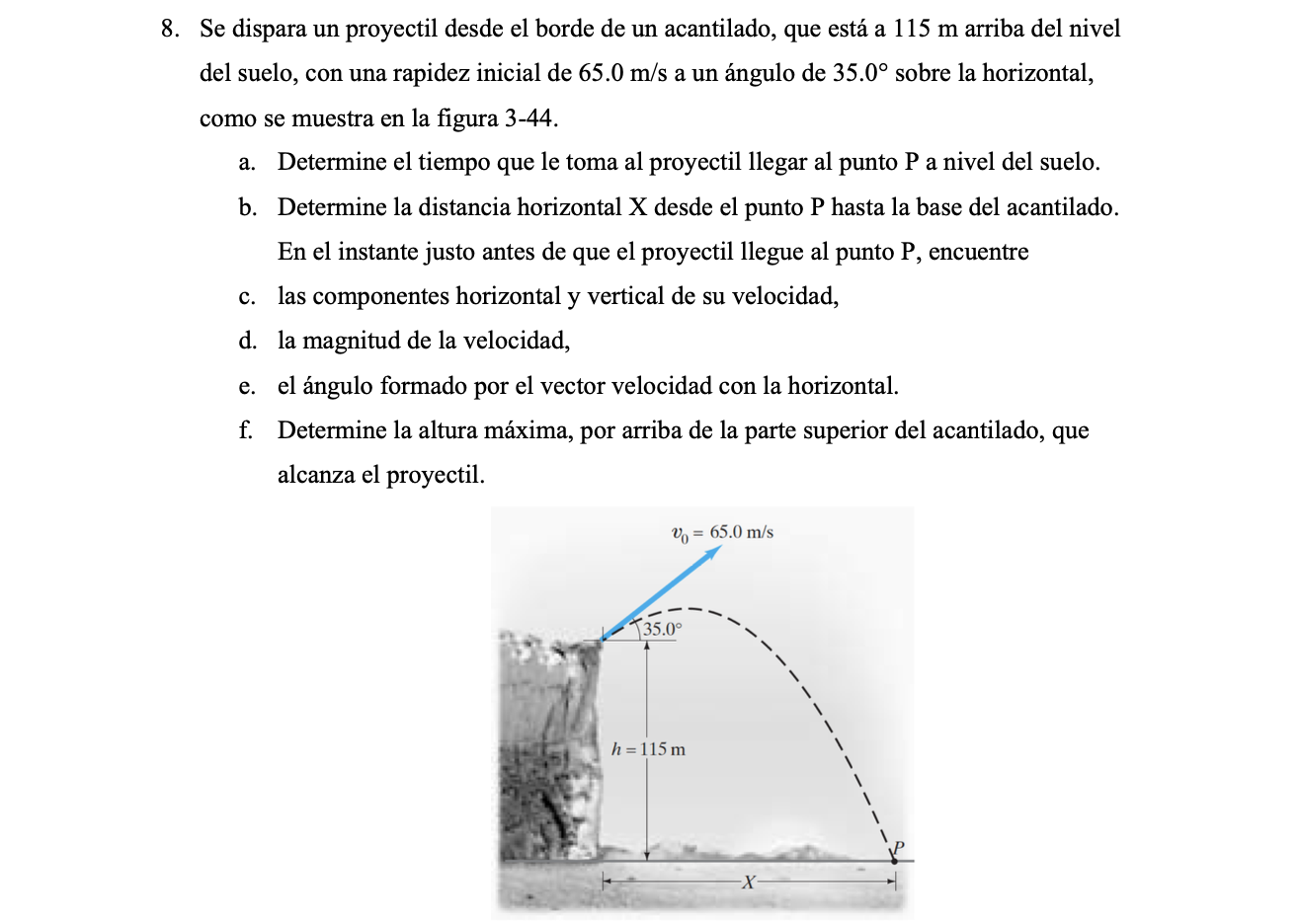 Se dispara un proyectil desde el borde de un acantilado, que está a \( 115 \mathrm{~m} \) arriba del nivel del suelo, con una