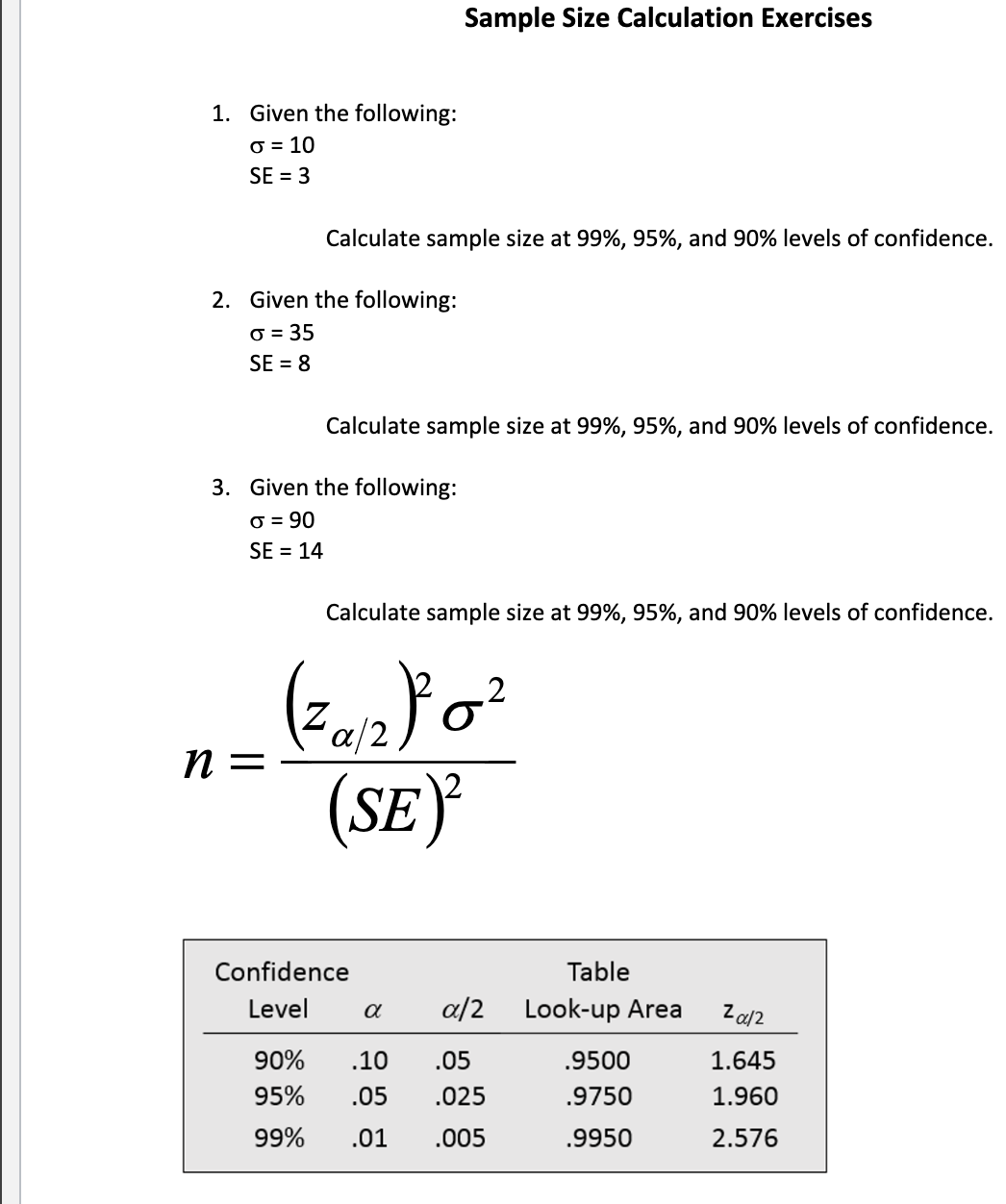 Solved Sample Size Calculation Exercises 1. Given the | Chegg.com