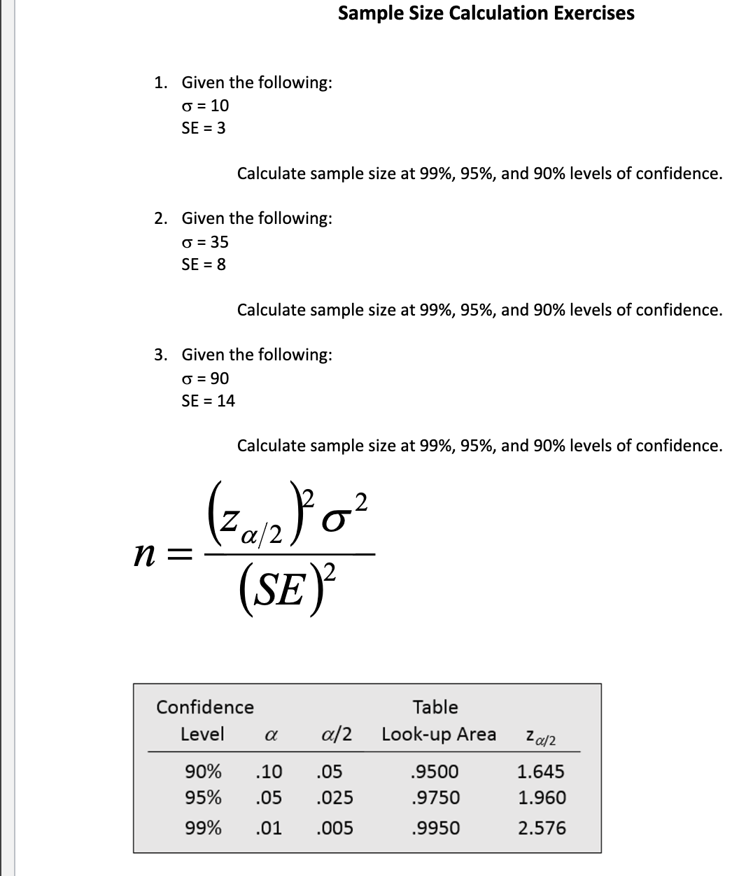 Solved Sample Size Calculation Exercises 1. Given The | Chegg.com