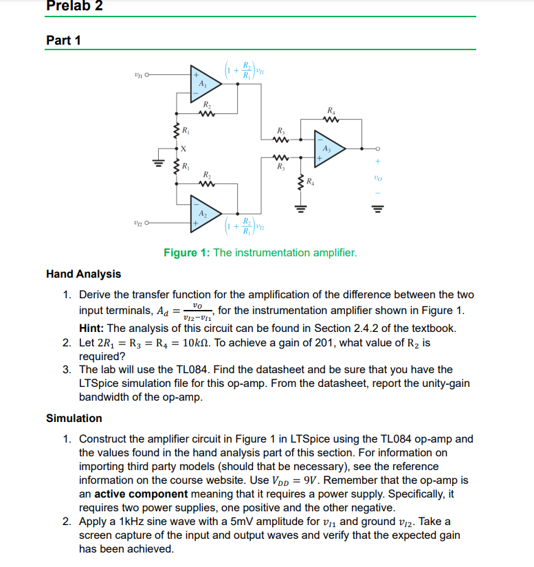 Solved Figure 1: The Instrumentation Amplifier. Hand | Chegg.com