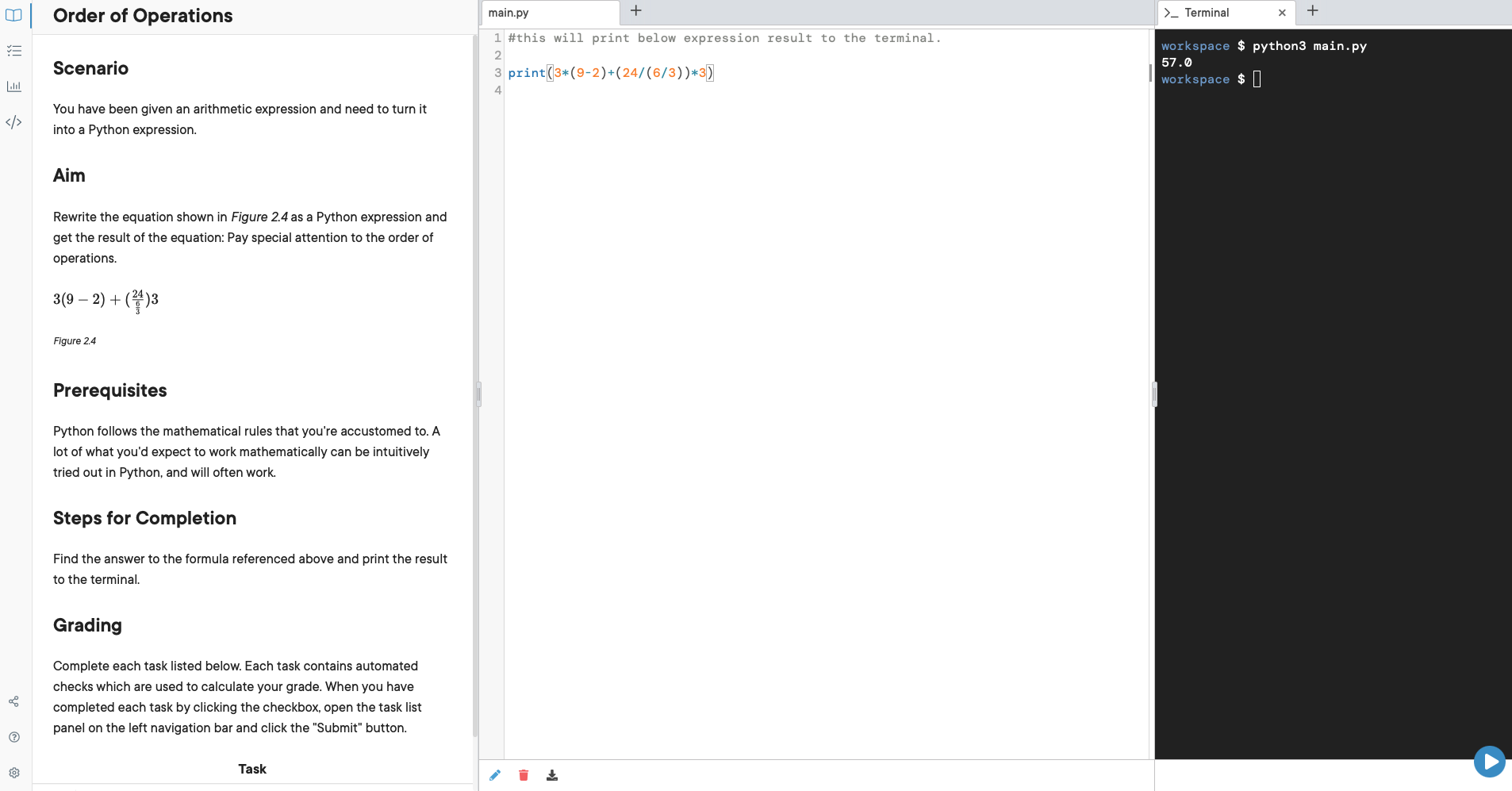 Solved + Order of Operations >_ Terminal X + main.py 1 #this | Chegg.com