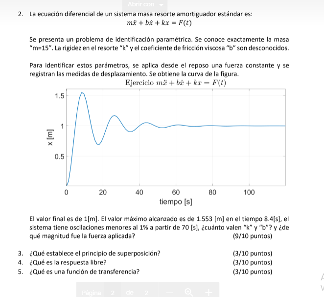 \[ m \ddot{x}+b \dot{x}+k x=F(t) \] Se presenta un problema de identificación paramétrica. Se conoce exactamente la masa \(