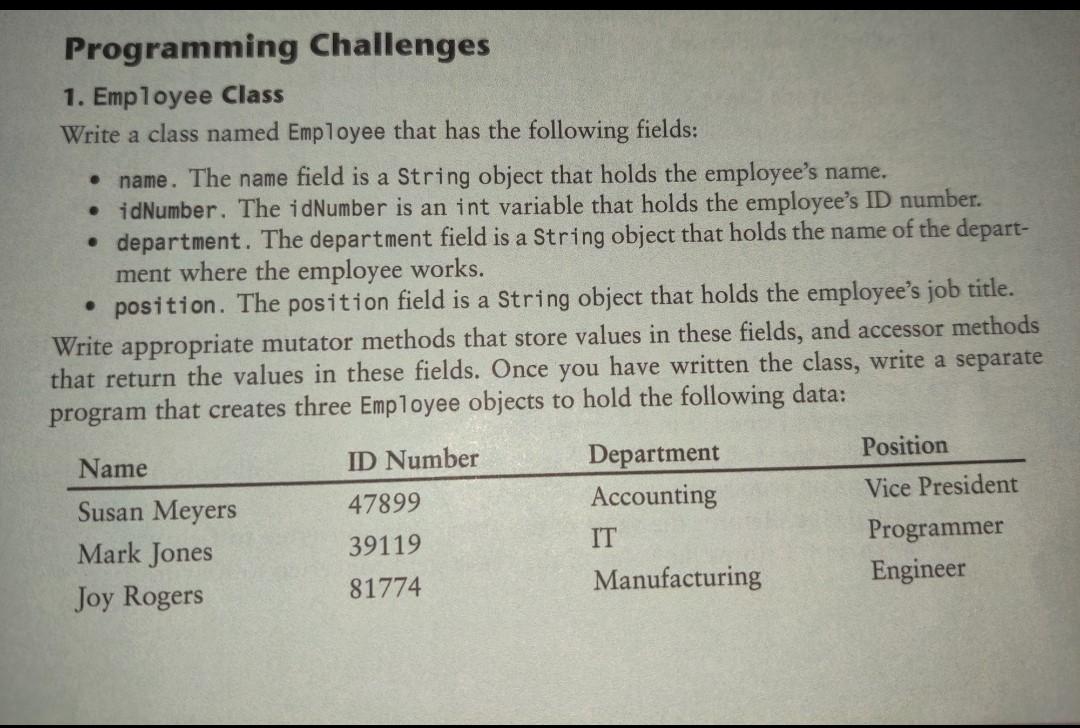 Programming Challenges
1. Employee Class
Write a class named Employee that has the following fields:
- name. The name field i