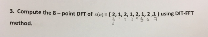 Solved 3. Compute the 8-point DFT of x(n) (2, 1, 2, 1,2,1,2 | Chegg.com
