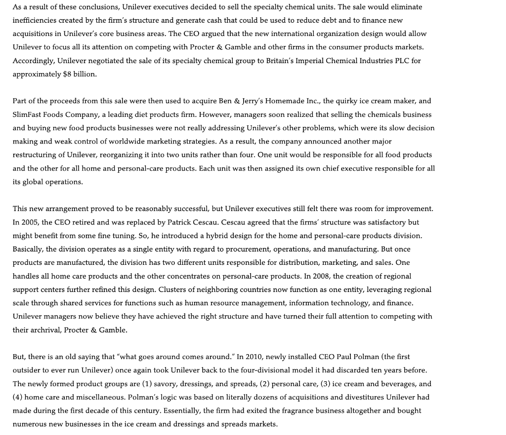 Solved Unilever Matches Strategy and Structure Unilever is | Chegg.com