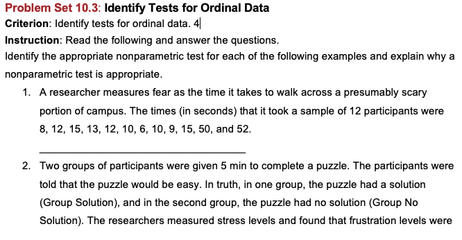 Solved Problem Set 10.3: Identify Tests for Ordinal Data | Chegg.com