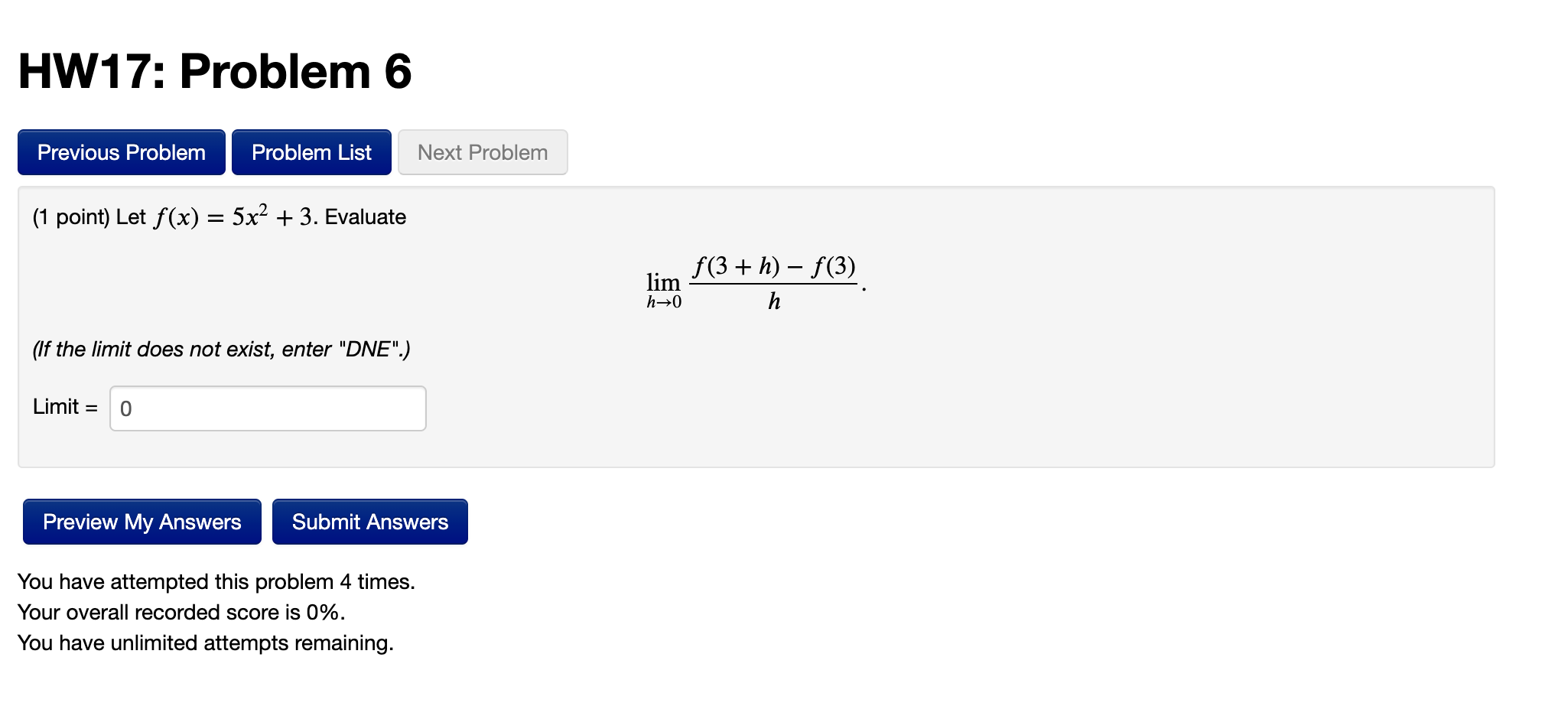 Solved 1 Point Let F X 5x2 3 Evaluate Limh→0hf 3 H −f 3