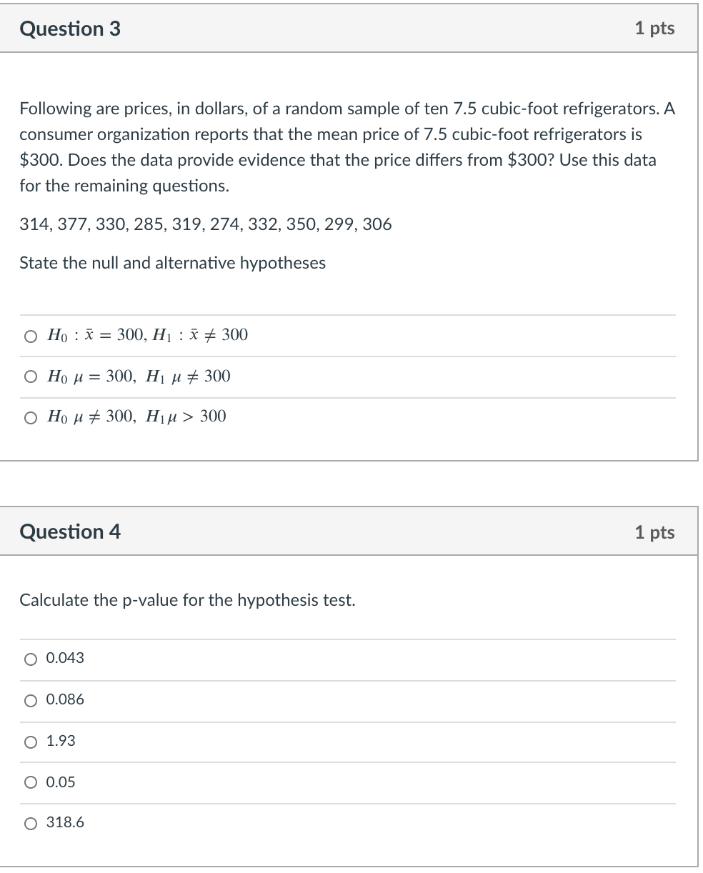 Solved Question 3 1 pts Following are prices, in dollars, of | Chegg.com