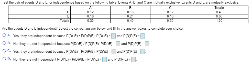 Solved Test The Pair Of Events D And E For Independence | Chegg.com