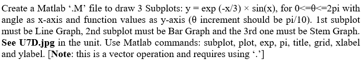 Solved Create a Matlab 'M' file to draw 3 Subplots: y = | Chegg.com