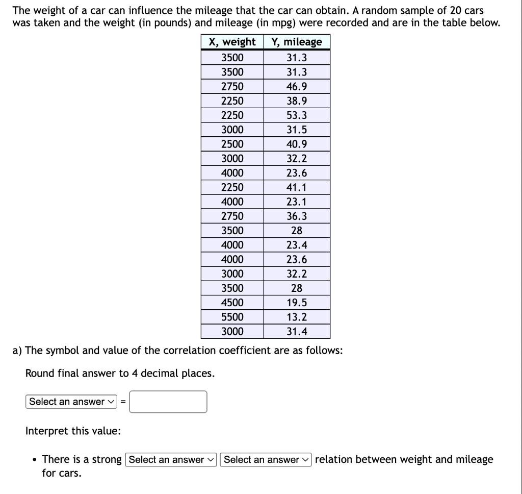 solved-the-weight-of-a-car-can-influence-the-mileage-that-chegg