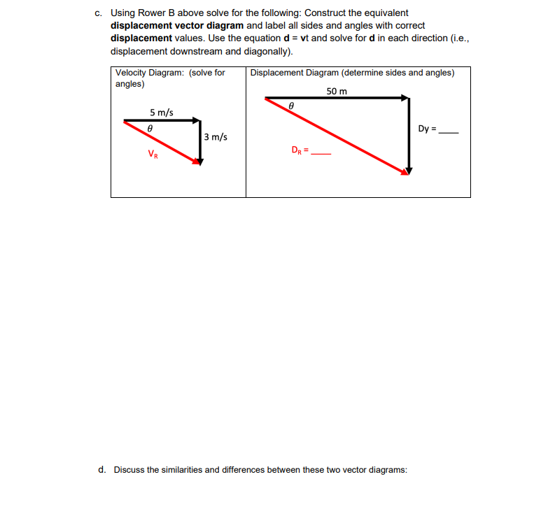 c. Using Rower B above solve for the following: Construct the equivalent displacement vector diagram and label all sides and 