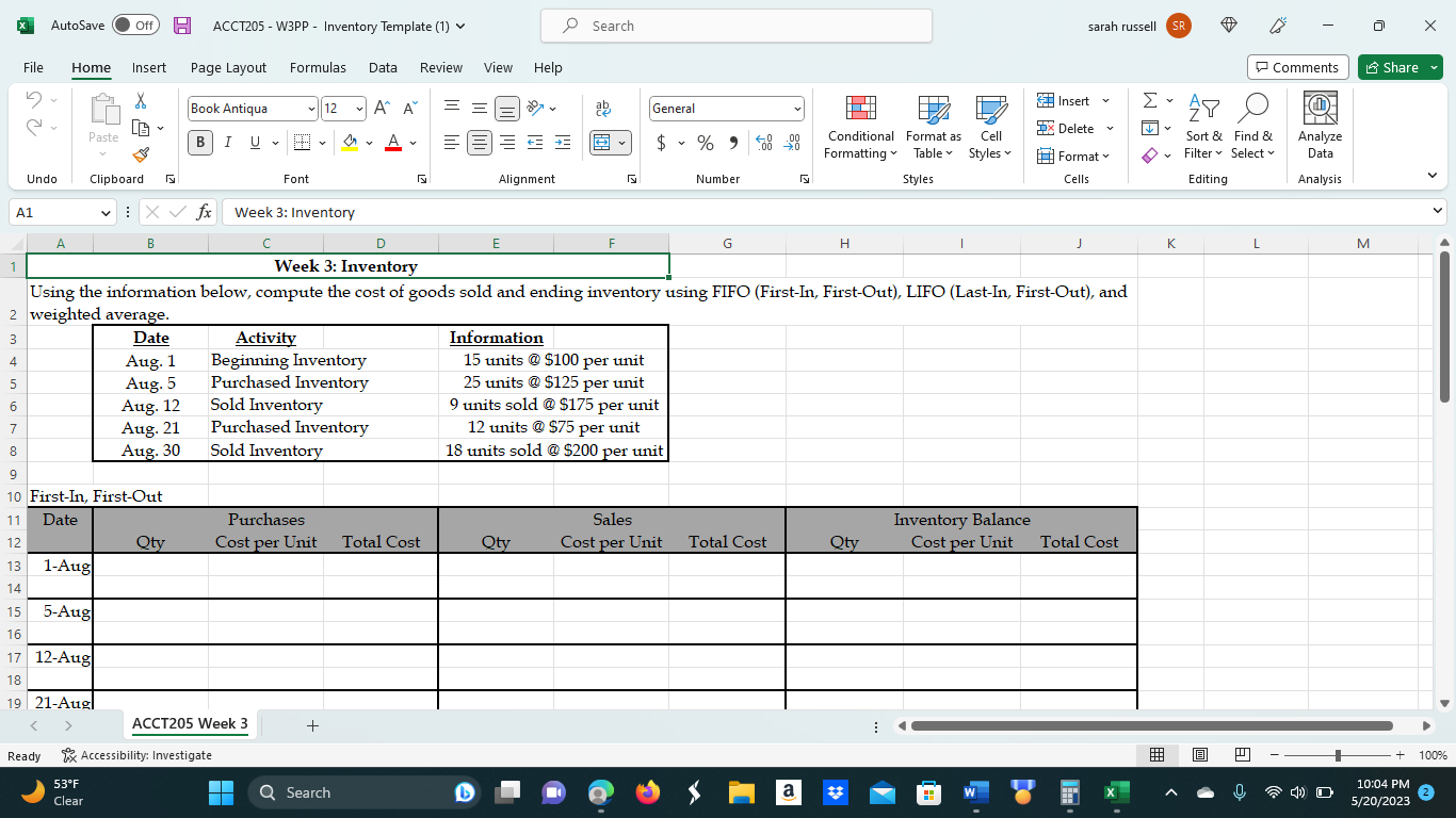 Solved AutoSave Off ACCT205 - W3PP - Inventory Template | Chegg.com