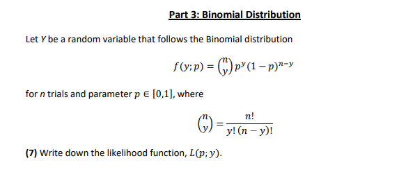 Solved Part 3 Binomial Distribution Let Y Be A Random Va Chegg Com