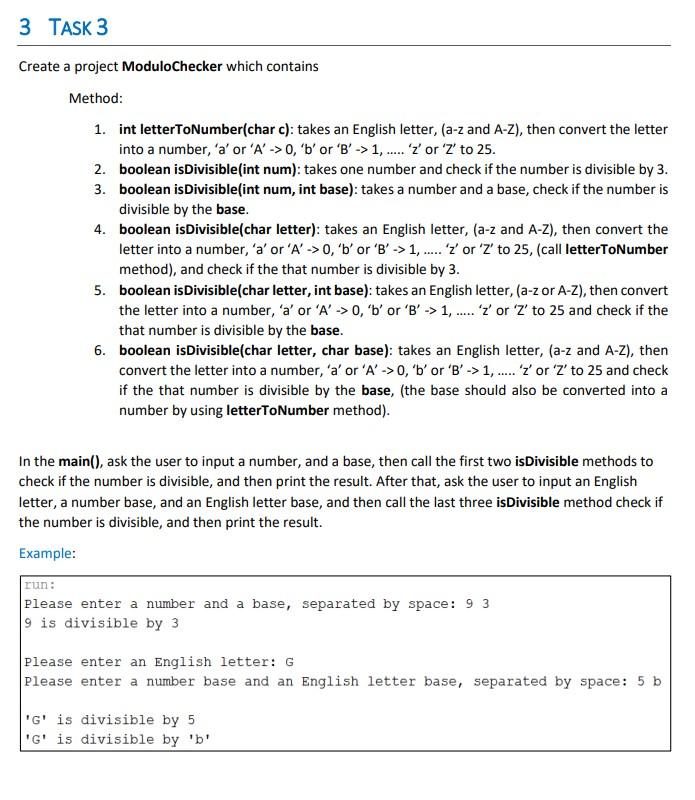 Solved Create a project ModuloChecker which contains Method: | Chegg.com