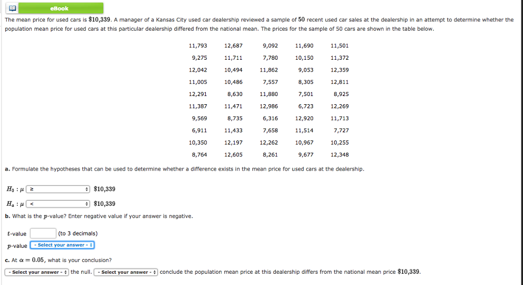 Solved eBook The mean price for used cars is 10,339. A