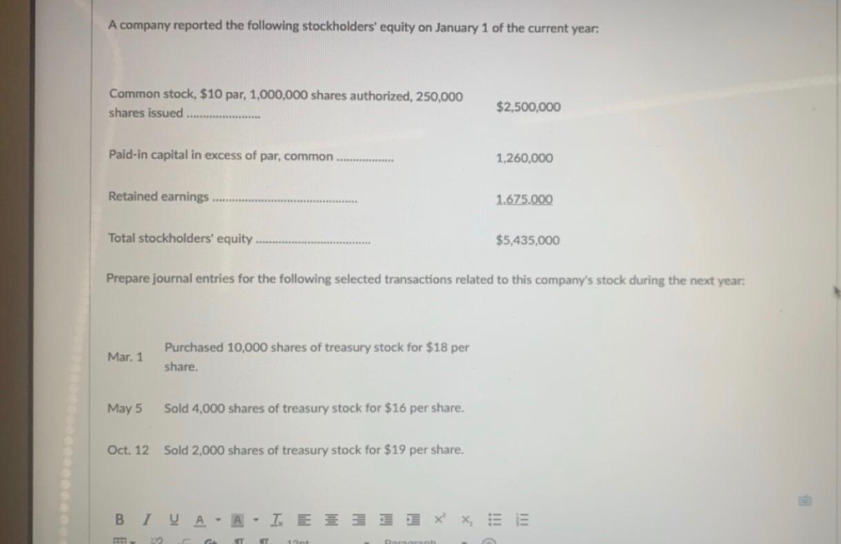 Solved A company reported the following stockholders #39 equity Chegg com