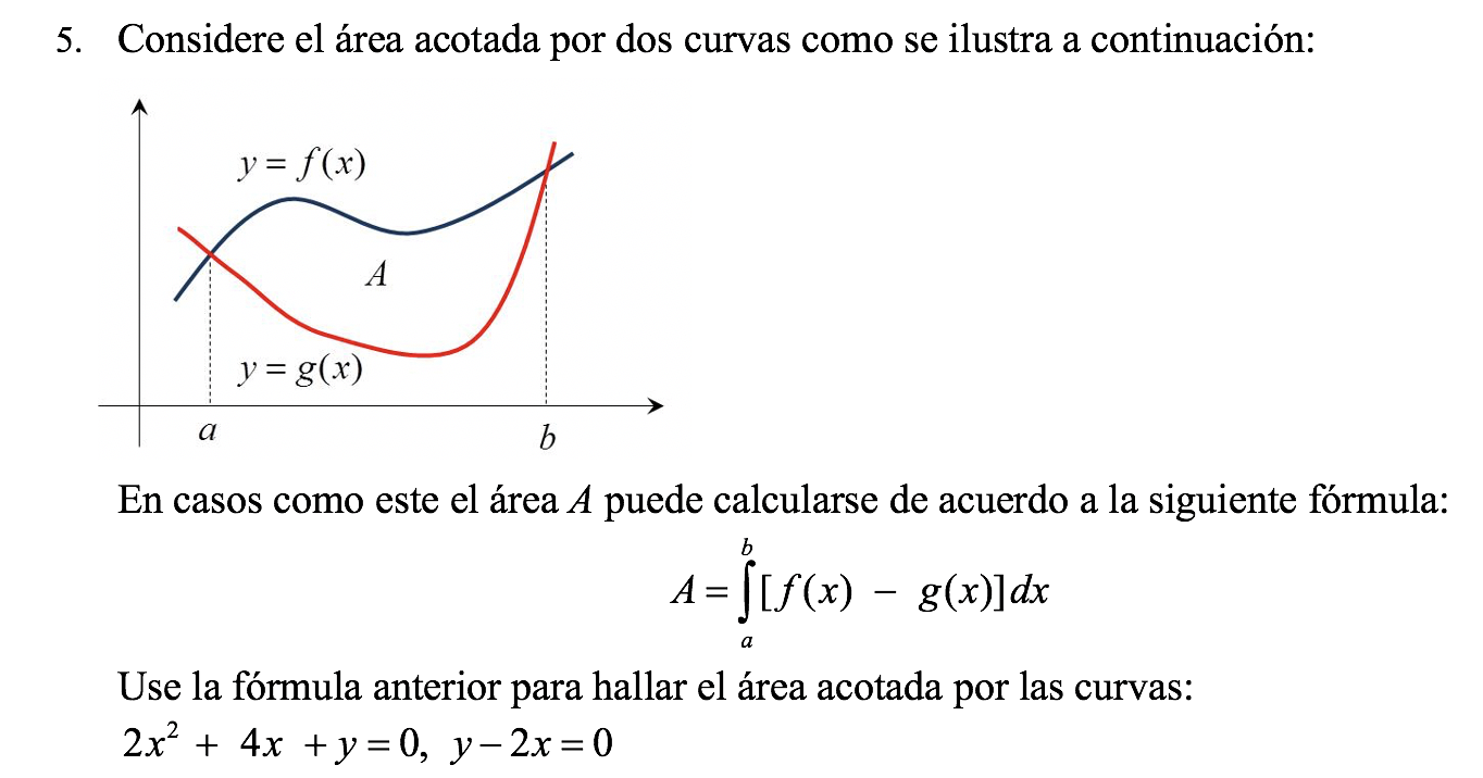 Considere el área acotada por dos curvas como se ilustra a continuación: En casos como este el área \( A \) puede calcularse