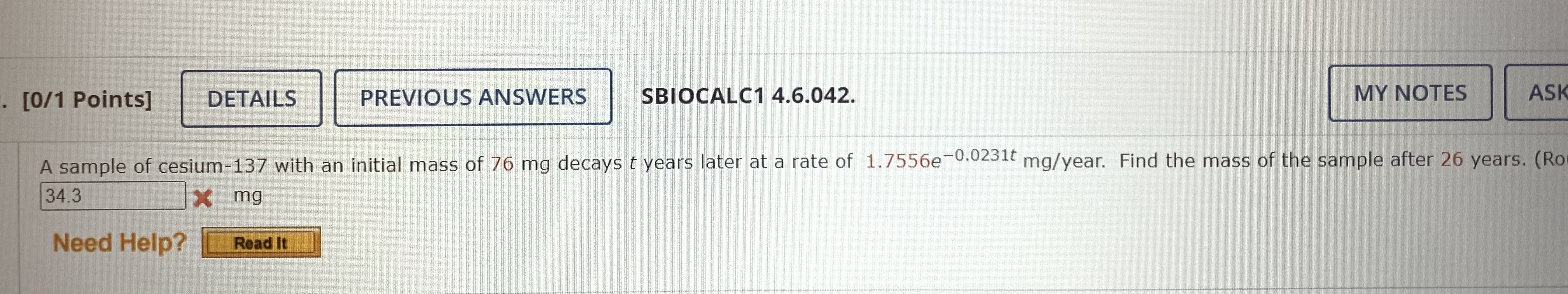 Solved A sample of cesium-137 with an initial mass of 76mg | Chegg.com