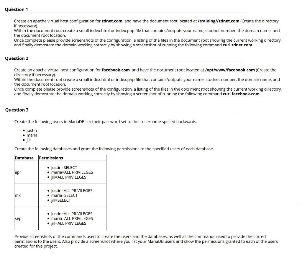 Question 1 Create an apache virtual host | Chegg.com